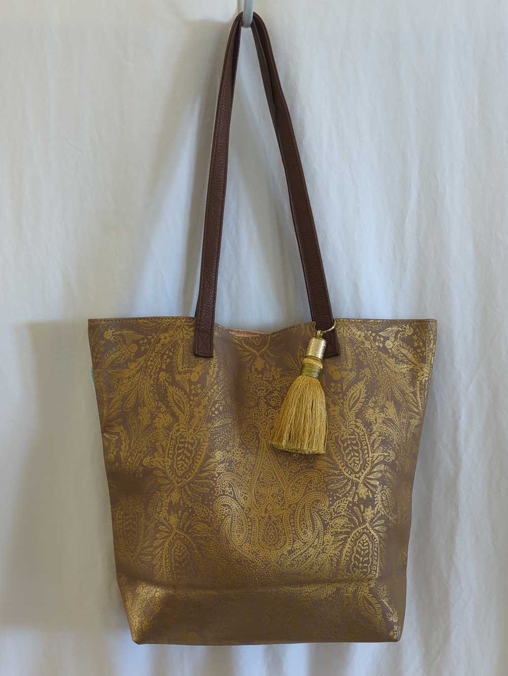 PAPAYA! Art Metallic Gold Paisley Boho Faux Leather Bucket Tote Bag with Tassel